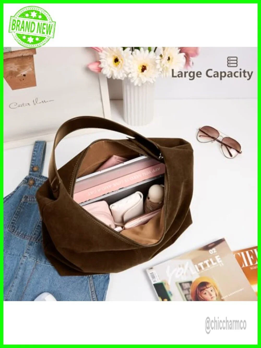 Casual Hobo Tote Bag - Faux Suede Leather with Zipper Closure